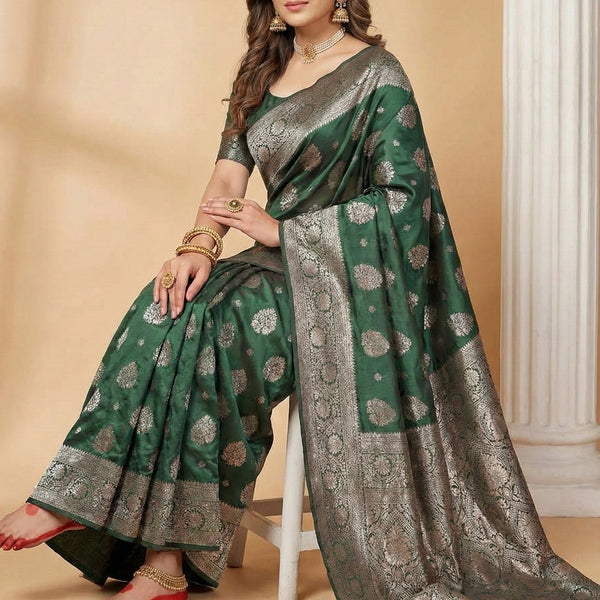 Anaita D Green Silk Blend Woven Saree With Blouse - Distacart