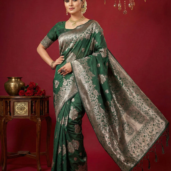 Anaita D Green Silk Blend Woven Saree With Blouse - Distacart