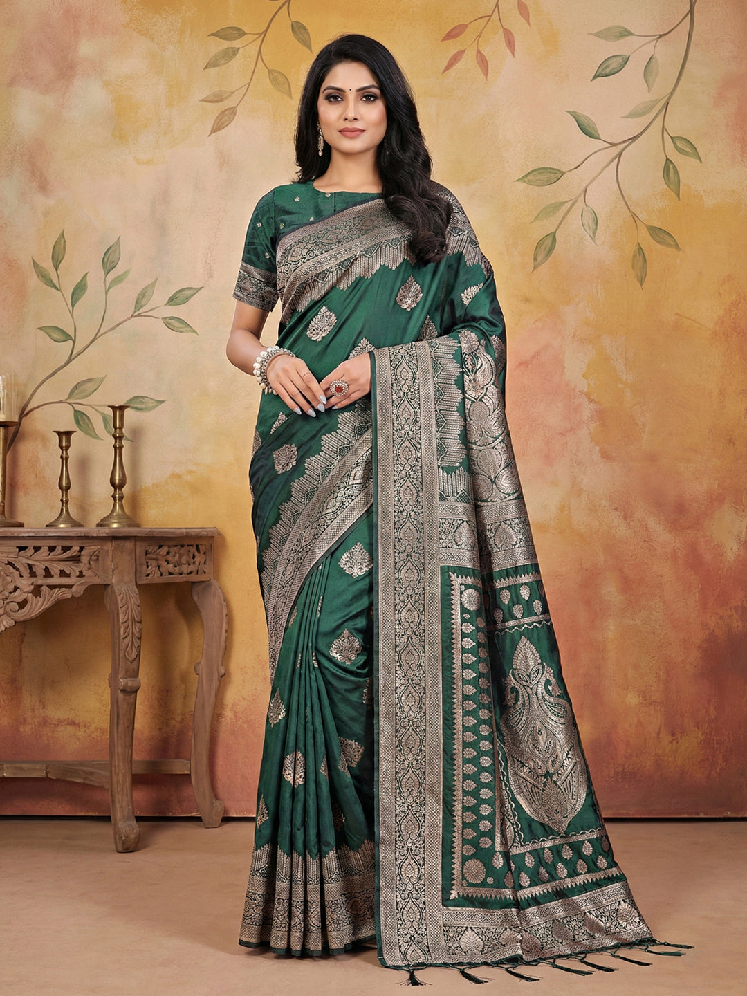 Anaita D Green Silk Blend Woven Saree With Blouse - Distacart