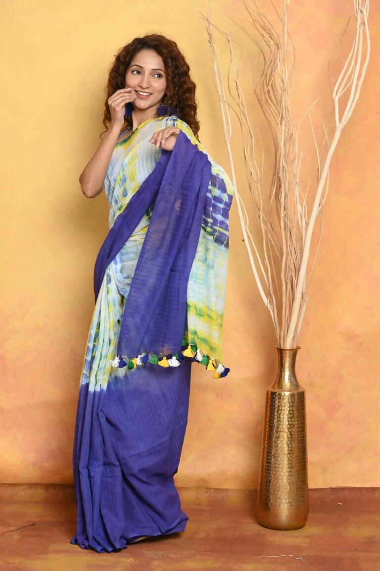 Very Much Indian Tie & Dye Handloom Mul Cotton Saree - Blue Green - Distacart
