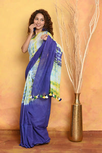 Thumbnail for Very Much Indian Tie & Dye Handloom Mul Cotton Saree - Blue Green - Distacart
