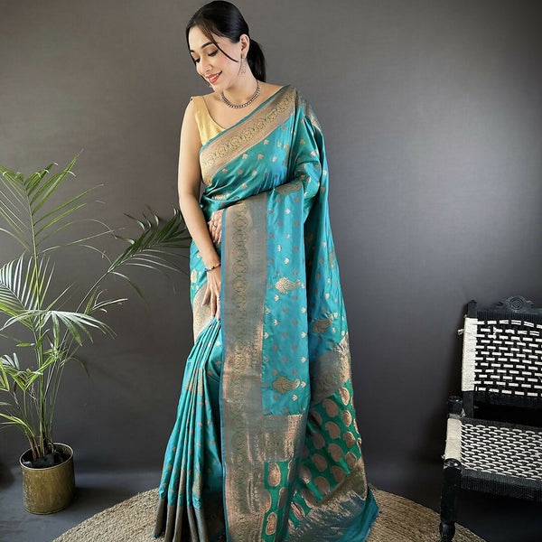 Joban Fashion Banarasi Teal Green Woven Soft Silk Saree - Distacart