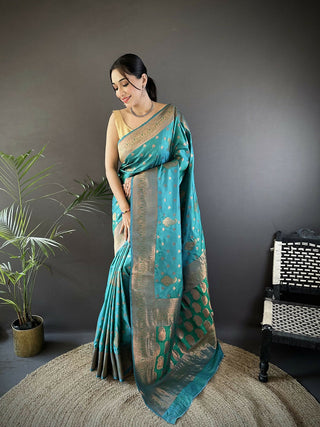 Joban Fashion Banarasi Teal Green Woven Soft Silk Saree