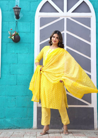 Alvano Printed Beautiful Straight Kurti with Pant and Dupatta set for Women and Girls (Yellow) - Distacart