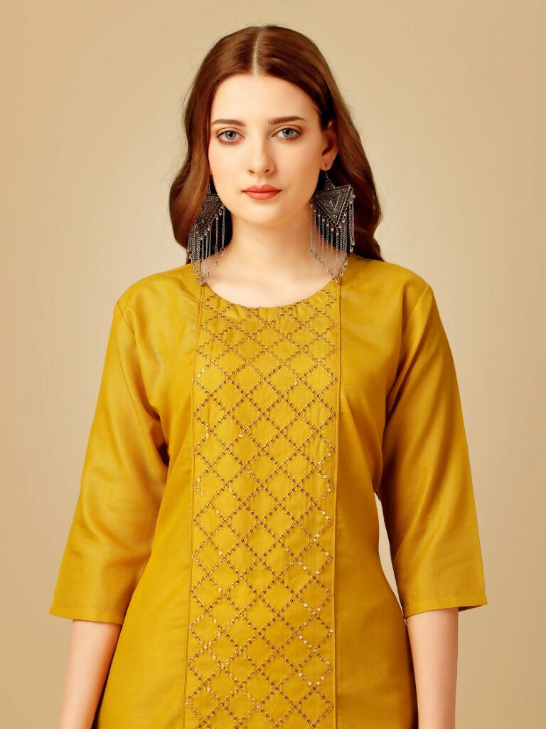 Jyoti Fashion Women's Yellow Cotton Blend Embroidered Kurta Pant Set - Distacart
