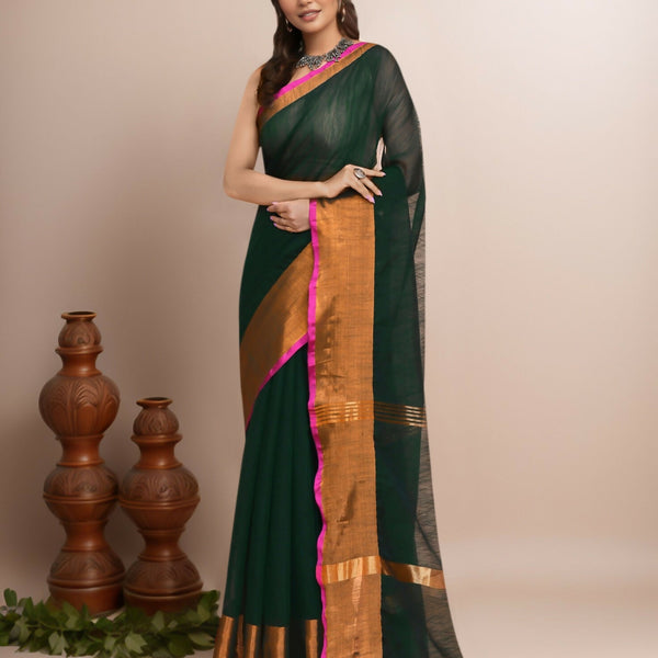 Joban Fashion Bottle Green Cotton Blend Handloom Saree