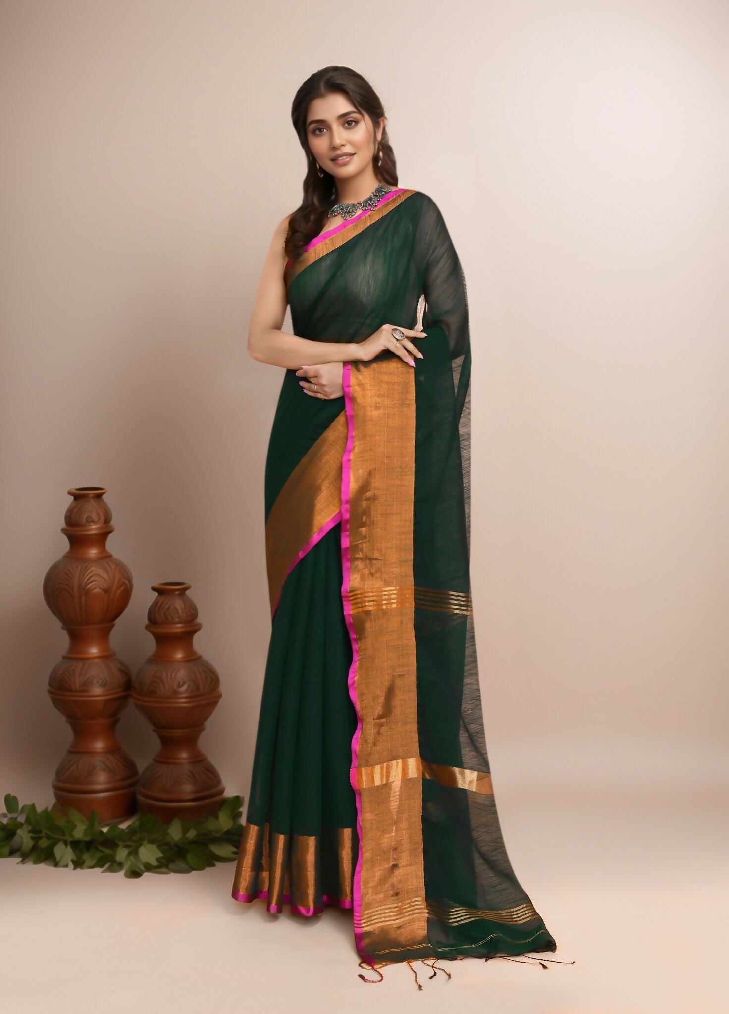 Joban Fashion Bottle Green Cotton Blend Handloom Saree - Dista