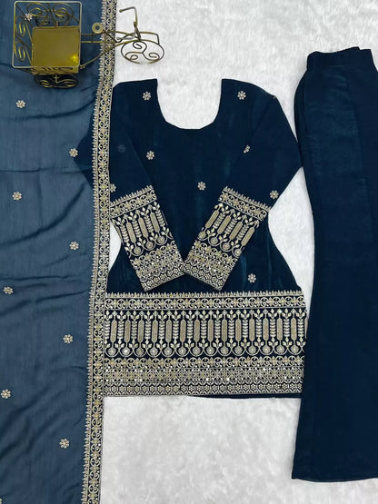 Teeya Creation Teal Blue Embroidered Short Kurta & Sharara Set - Dista