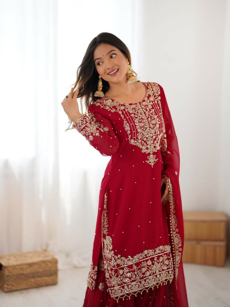 Lehenga Mart Designer Sharara Suit With Kurta, Sharara, Dupatta For Women-Red - Distacart