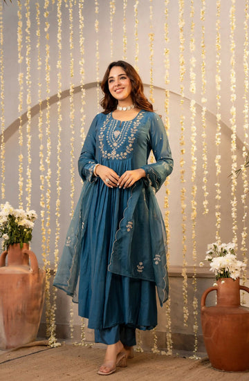 The52 Women's Beautiful Embroidery Work Chanderi Silk Fabric Flared Kurta Pant and Dupatta Set-Rama - Dista