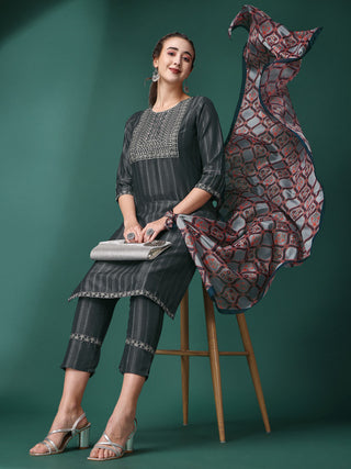 Malishka Women's Grey Chinon Embroidery Kurta Set With Dupatta - Distacart