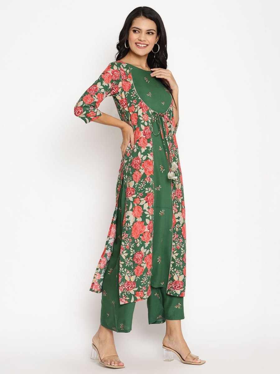 Ahalyaa Women's Green Rayon Printed Kurta Palazzo Set