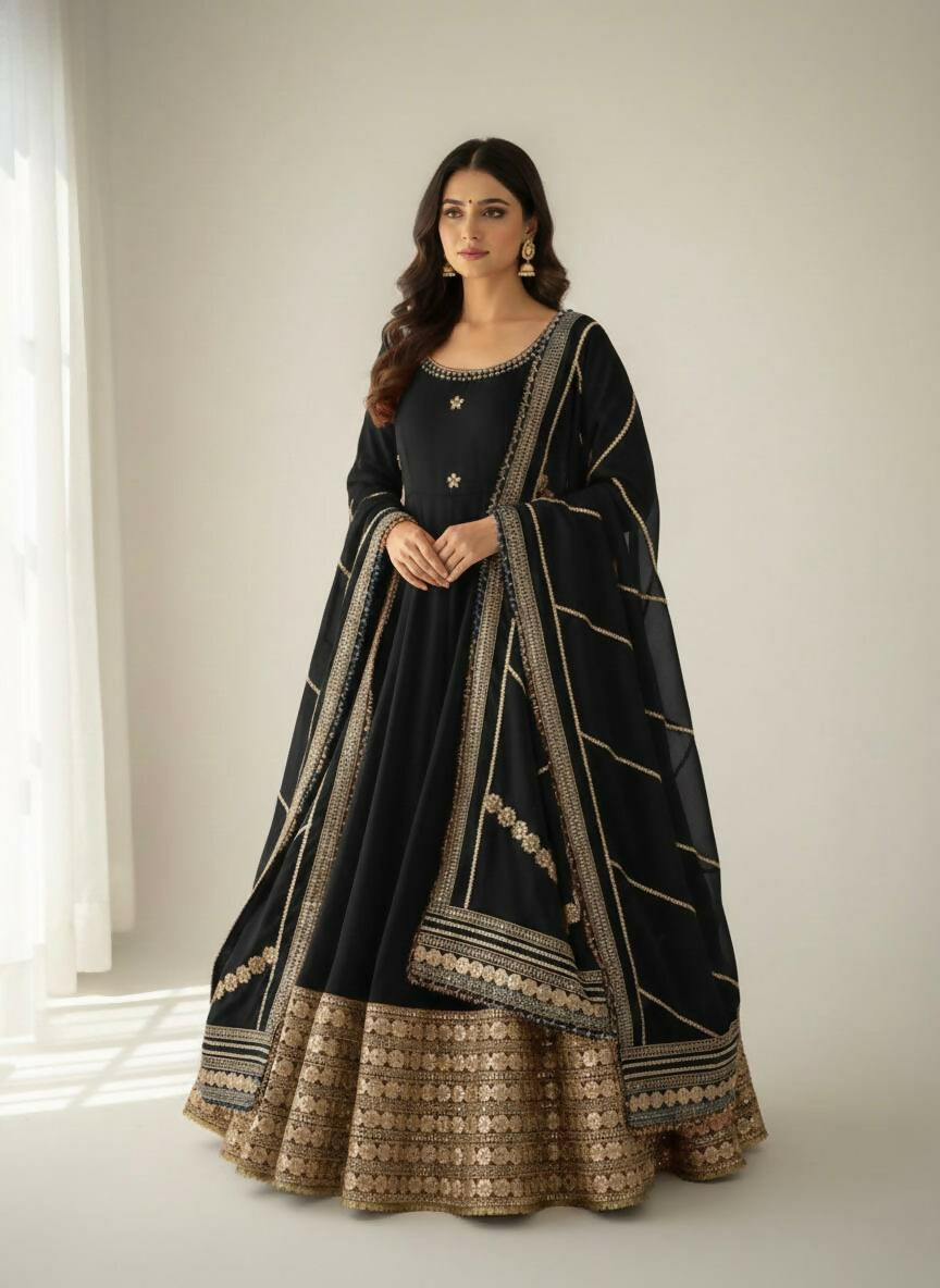 Teeya Creation Womens New Fancy Silk Heavy Quality Fabric With Handwork Black Gown Set - Dista