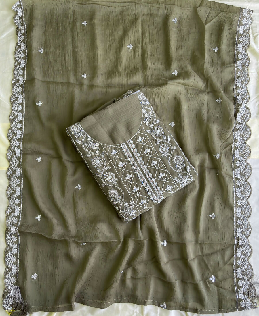 KC Mahendi Green Pakistani Straight Suit For Women Chiffon - Dista