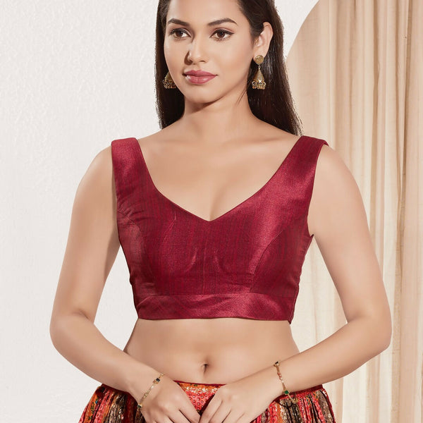 Joban Fashion Dark Maroon Mulberry Silk Padded Blouse With Round Neck Sleeveless