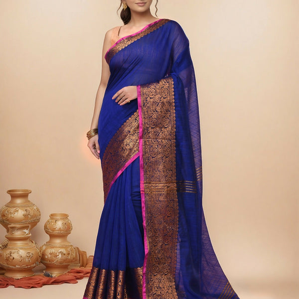 Joban Fashion Deep Navy Blue Cotton Blend Handloom Saree