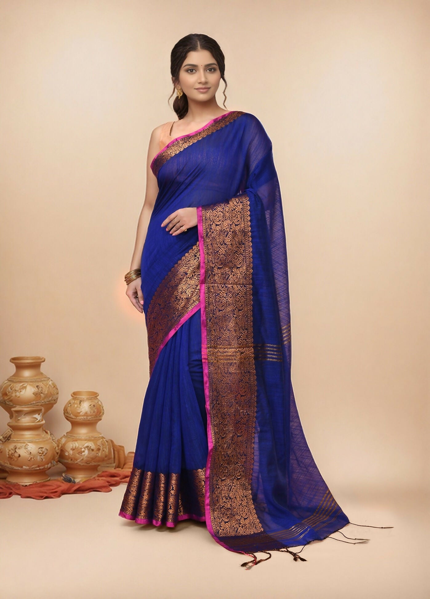 Joban Fashion Deep Navy Blue Cotton Blend Handloom Saree - Dista