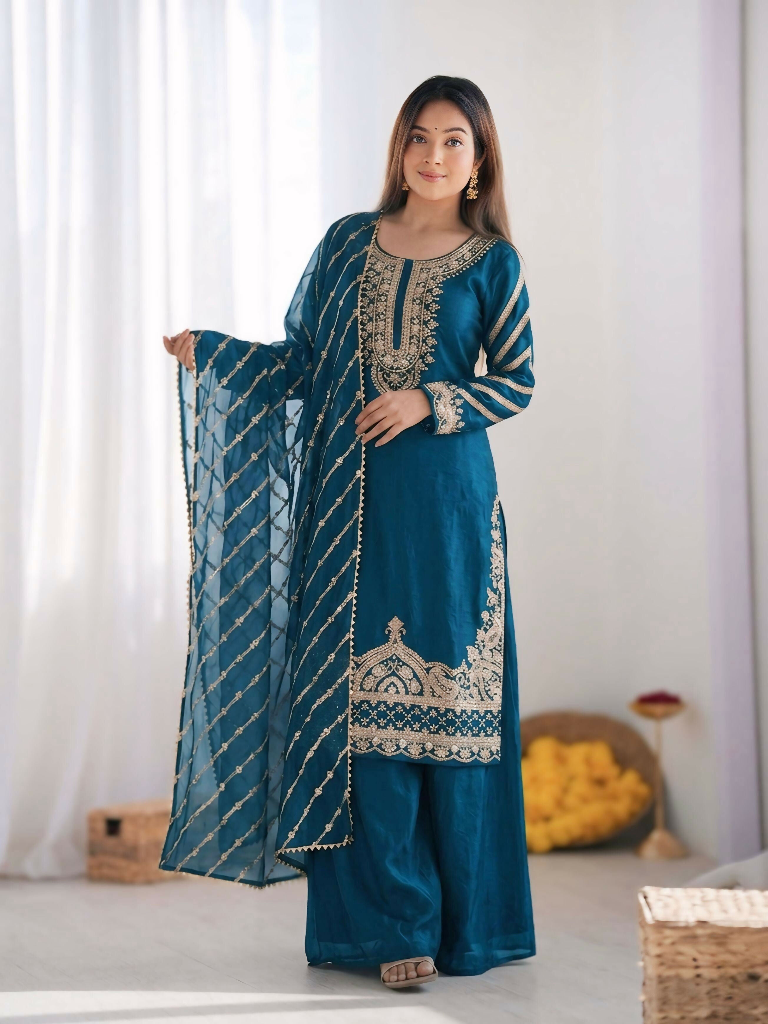 Teeya Creation New latest Trendy Embroidery Beads Work Kurta Sharara Set - Blue - Dista