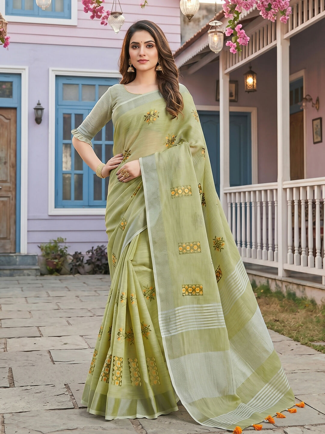 Shree Shyam Fashion Pista Green Linen Saree - Dista