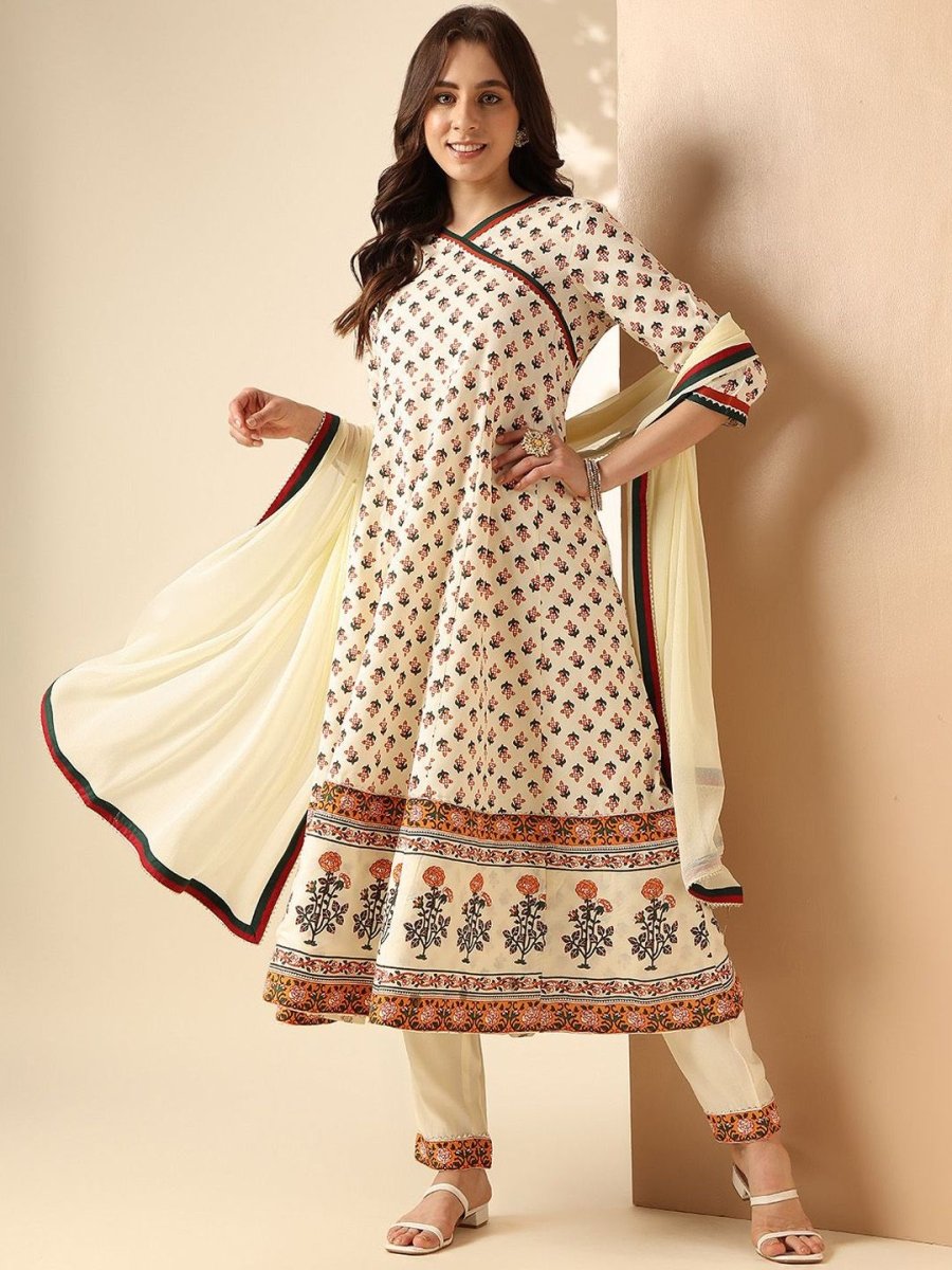 Anouk Off White Floral Printed Angrakha Anarkali Kurta With Trouser & Dupatta - Distacart
