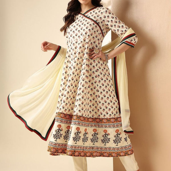 Anouk Off White Floral Printed Angrakha Anarkali Kurta With Trouser & Dupatta - Distacart