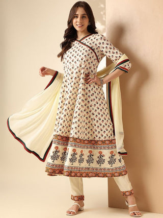 Anouk Off White Floral Printed Angrakha Anarkali Kurta With Trouser & Dupatta - Distacart