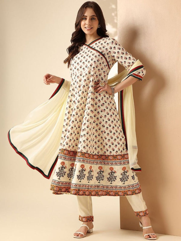 Anouk Off White Floral Printed Angrakha Anarkali Kurta With Trouser & Dupatta