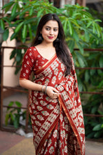 Thumbnail for Red Cotton Blend Ajrak Saree with Unstitched Blouse - Hiral Fashion - Distacart