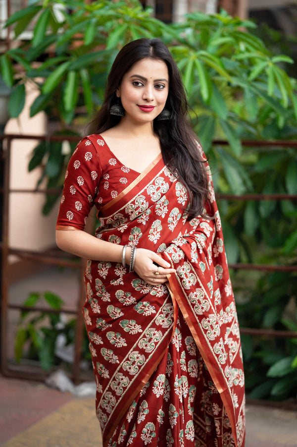 Red Cotton Blend Ajrak Saree with Unstitched Blouse - A2M
