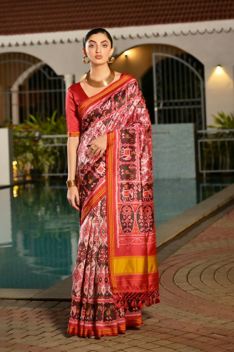 Vishnu Weaves Women's White Banarasi Silk Patola Printed Saree with Blouse