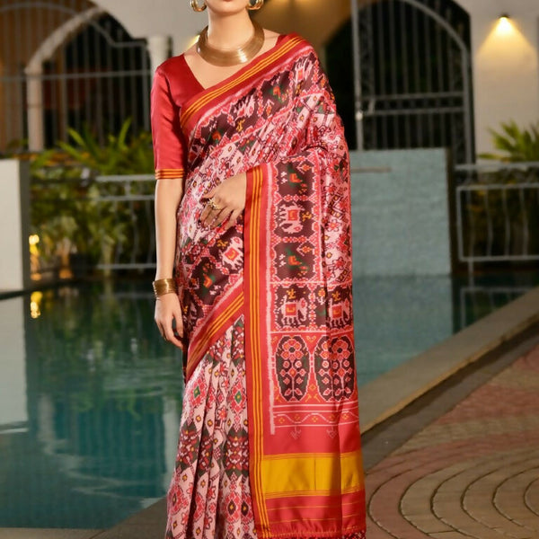 Vishnu Weaves Women's White Banarasi Silk Patola Printed Saree with Blouse