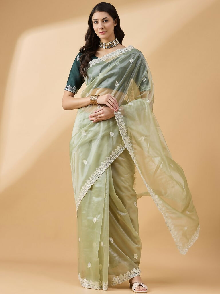Green Organza Sequence Embroidered Saree with Unstitched Blouse - Satya - Distacart