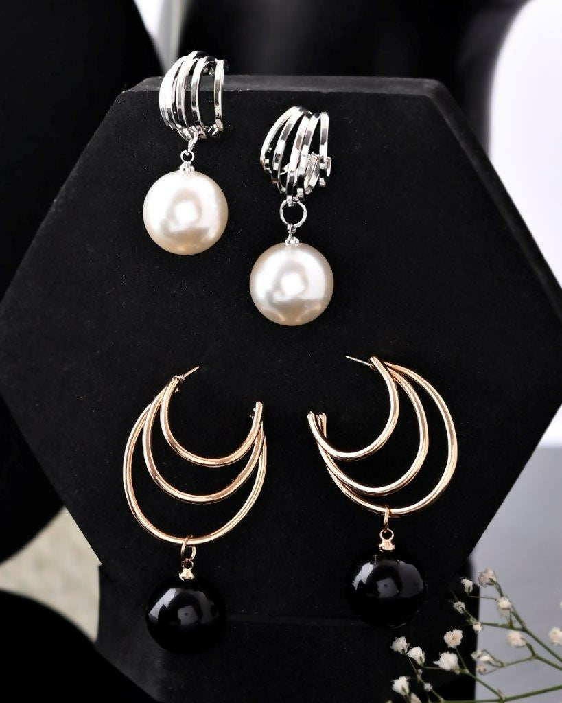 VOJ Set Of 2 Korean Drop Earrings - Gold Plated With Black Pearl and Silver Plated With White Pearl Earrings - Distacart