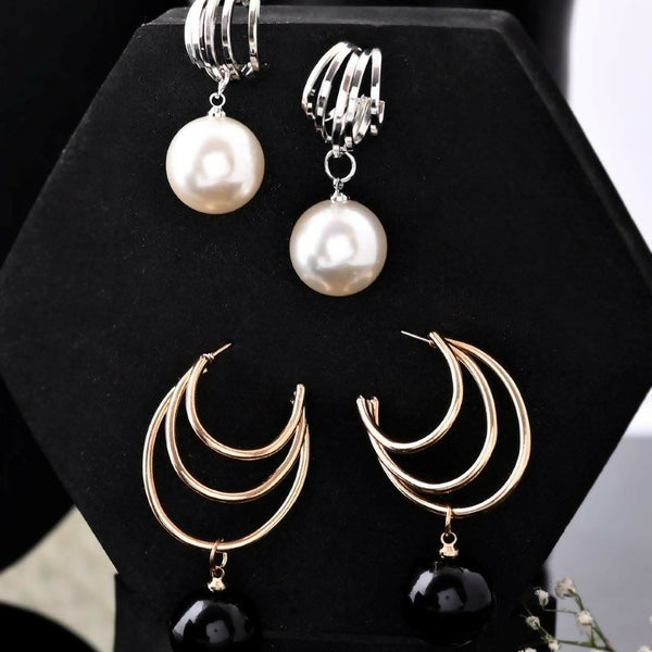 VOJ Set Of 2 Korean Drop Earrings - Gold Plated With Black Pearl and Silver Plated With White Pearl Earrings - Distacart