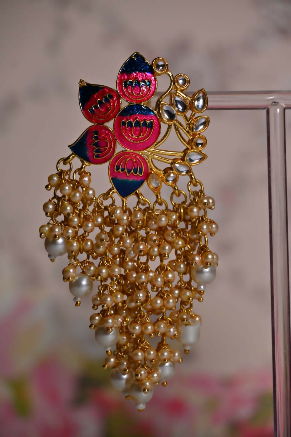 Pink & Blue Ethic Meenakari Lotus Shaded Earrings By House of Ree - Distacart