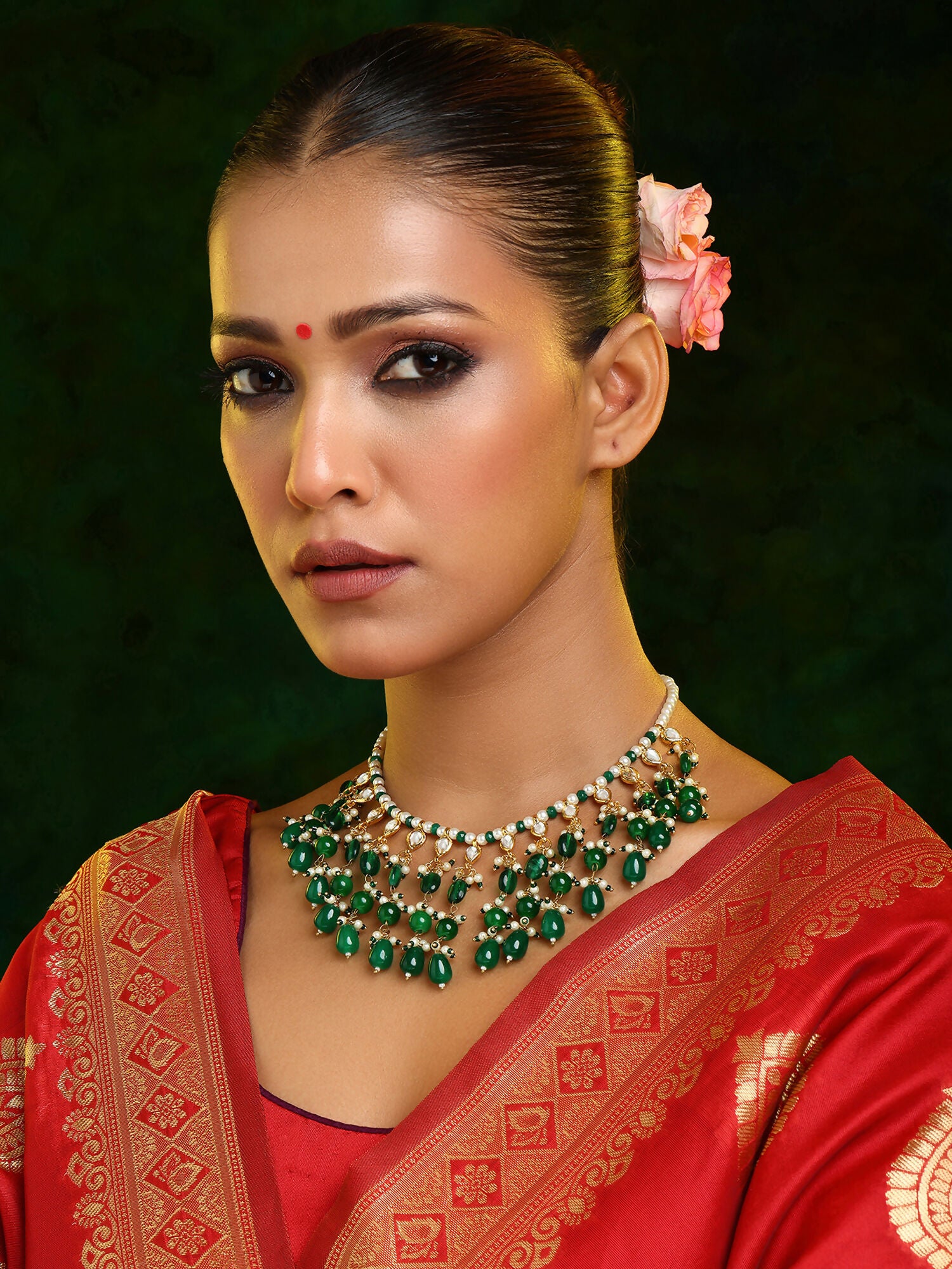 Ruby Raang Green Kundan And Emerald Collar Necklace