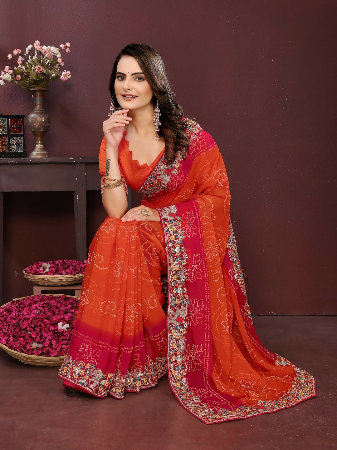 Ai Fashion Orange Georgette Digital Print Party Wear Saree