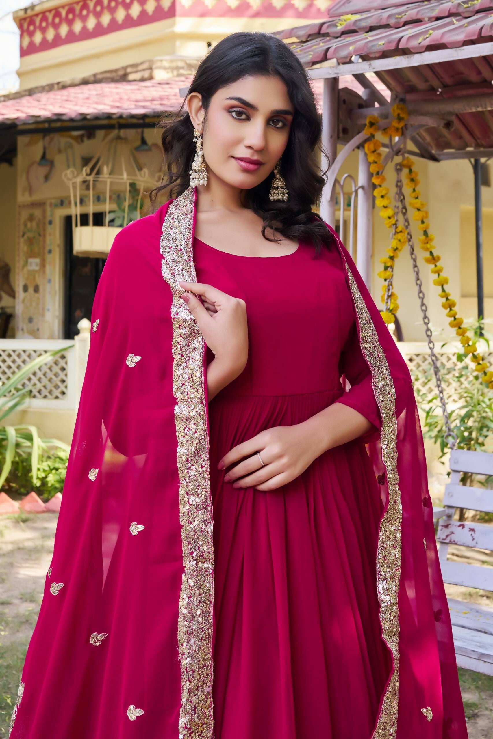 Teeya Creation Womens New Stylish Heavy Sequence Embroidery Work Pink Gown Set - Dista