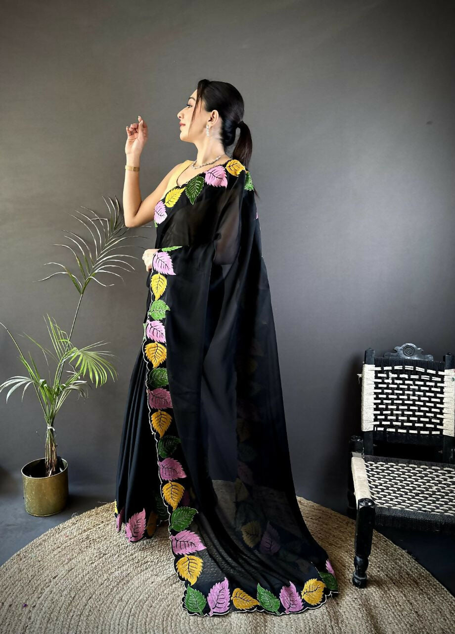 Prime Volt Multicolor Leaf Embroidery Rangoli Silk Saree with Scalloped Border-Black - Dista
