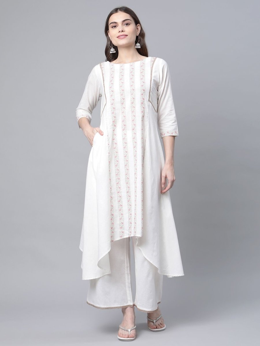 Ahalyaa Women's Off white Pure Cotton Printed Asymmetric Kurta Palazzo Set
