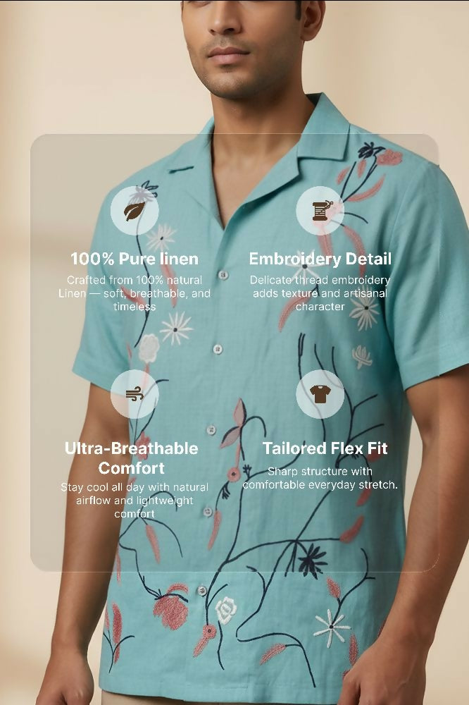 Serene — Aqua Embroidered Linen Shirt by Hilo Design - Dista