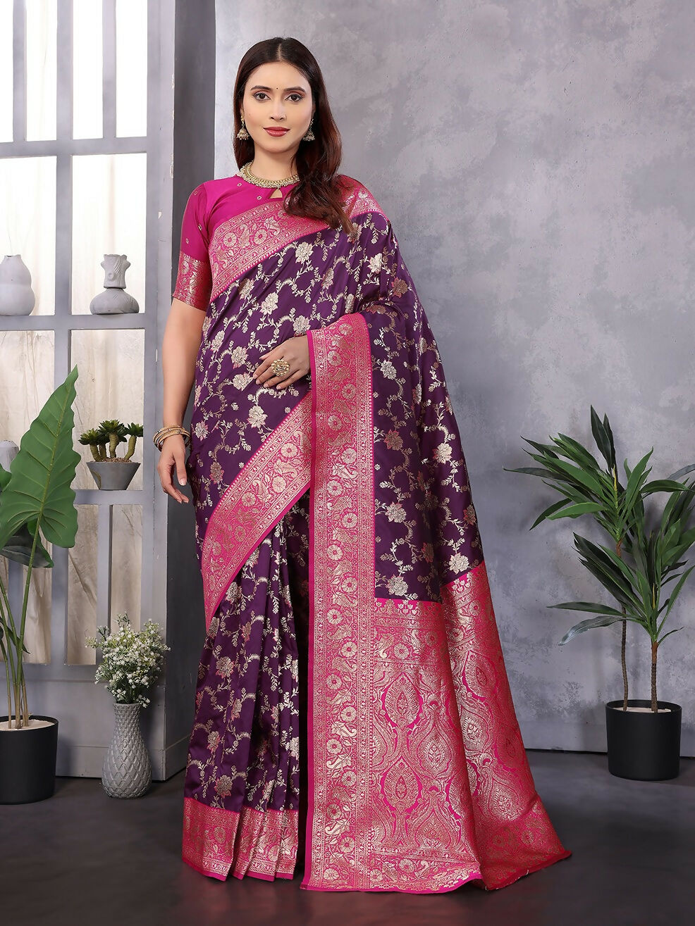 Joban Fashion Banarasi Wine Woven Soft Silk Saree