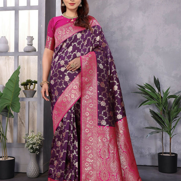 Joban Fashion Banarasi Wine Woven Soft Silk Saree - Distacart