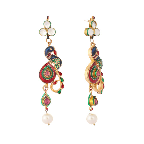 Nuyug 22K Gold Plated Pearl Drop Kundan Studded Ethnic Peacock Shaped Drop Earrings