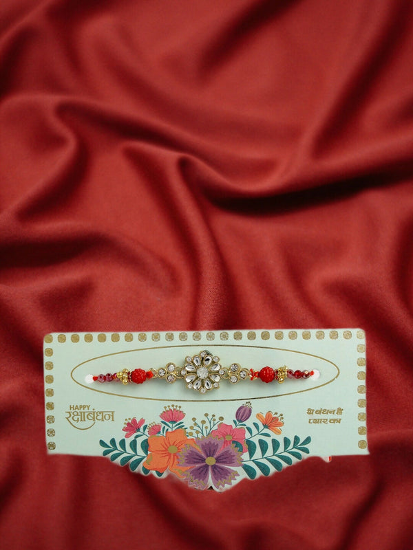 NVR Men Gold-Toned Stone-Studded Rakhi With Roli Chawal & Chocolate - Distacart