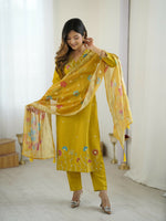 Thumbnail for The52 Yellow Women's Gorgeous Embroidered work Viscose Gadhwal Fabric Straight Kurta, Pant and Dupatta Set - Distacart