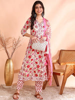 Thumbnail for Ode by House of Pataudi Thread Work Pure Cotton Anarkali Kurta with Trousers & Dupatta - Distacart