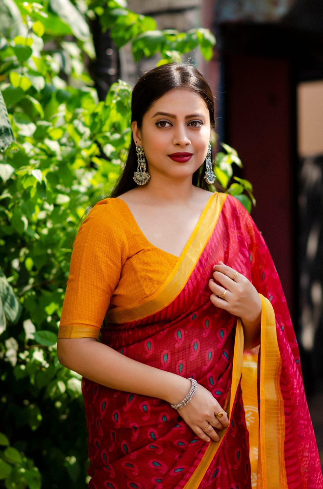 Light Red Polycotton Ethnic Motifs Saree with Unstitched Blouse - A2M - Distacart