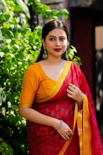 Light Red Polycotton Ethnic Motifs Saree with Unstitched Blouse - A2M - Distacart