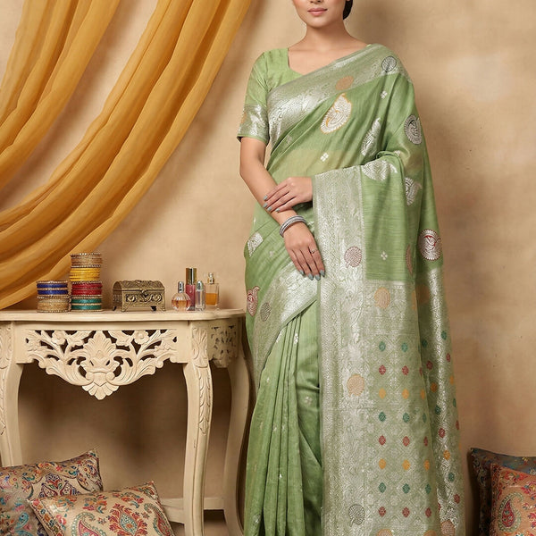 Shree Shyam Fashion Light Green Linen Cotton Saree - Distacart